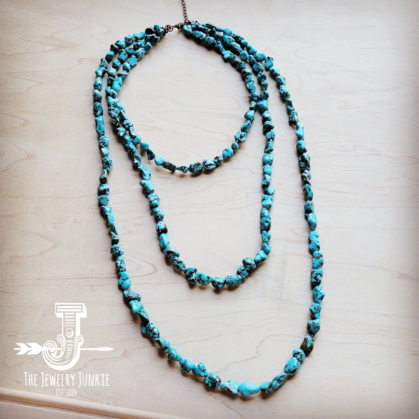 Long Genuine Blue Turquoise Triple Strand Necklace 259h