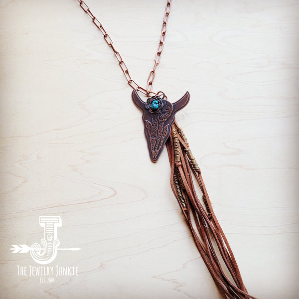 Long Copper Necklace w/ Bull Skull Pendant & Tassel 258kd