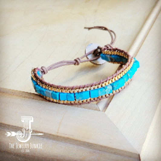 Woven Turquoise & Bronze Stacked Stone Bracelet 809r