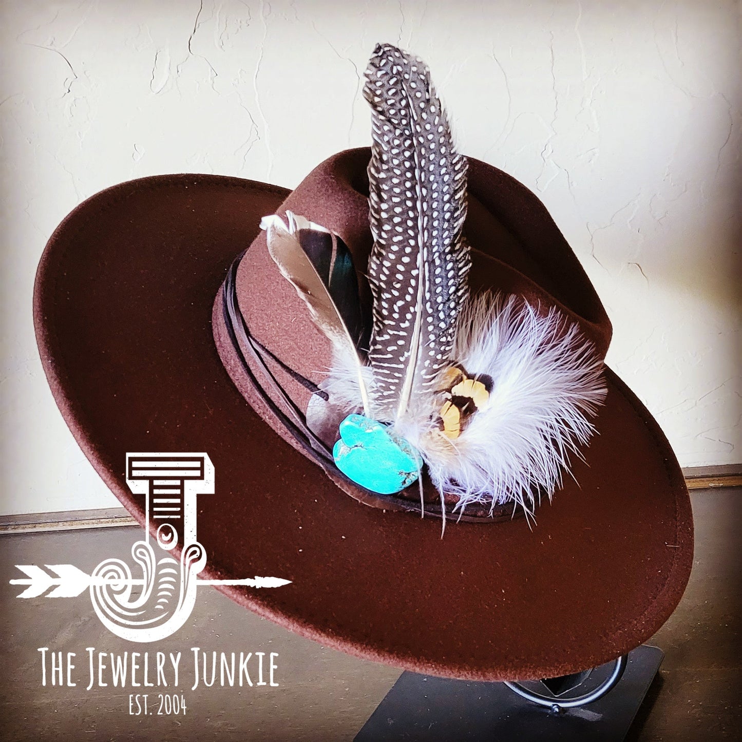 Boho Western hat with genuine leather hat band feathers and turquoise