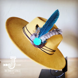 Boho Western hat with genuine leather hat band feathers and turquoise