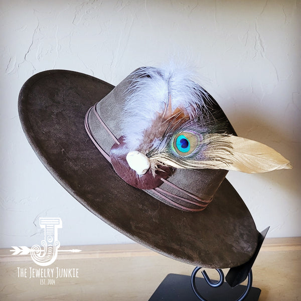 Boho Western hat with genuine leather hat band feathers and turquoise