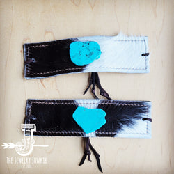 **Black & White Leather Hide Cuff w/ Turquoise Slab 015b