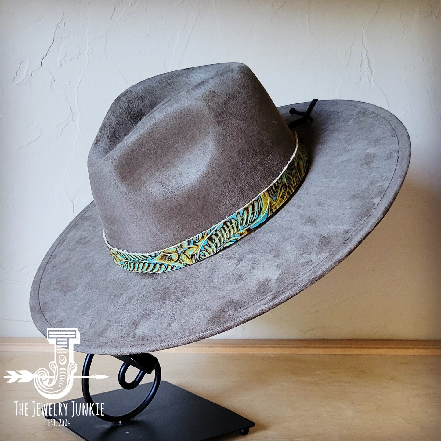 Boho Western hat with genuine leather hat band feathers and turquoise