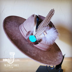 Boho Western hat with genuine leather hat band feathers and turquoise