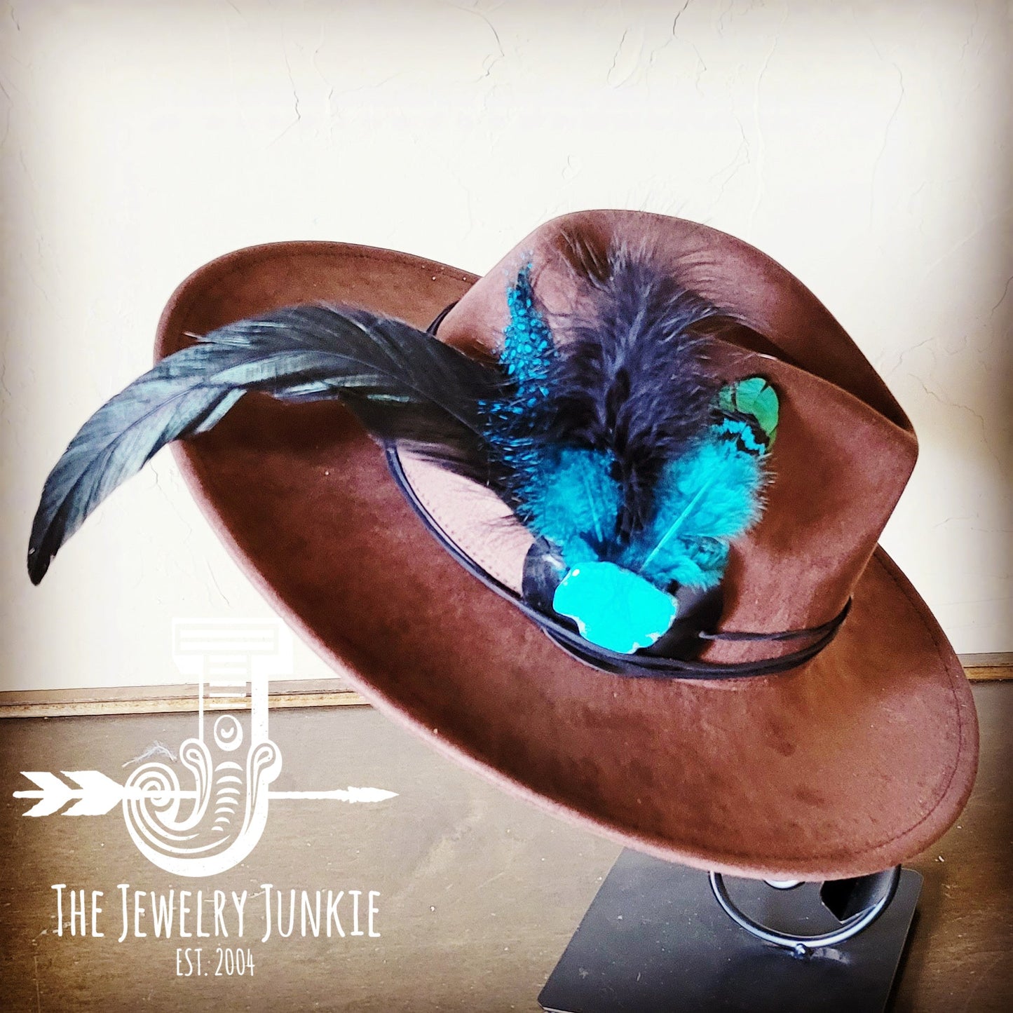 Boho Western hat with genuine leather hat band feathers and turquoise