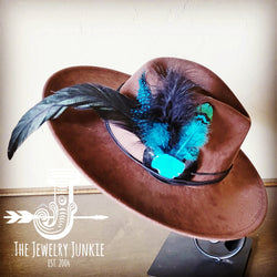 Boho Western hat with genuine leather hat band feathers and turquoise