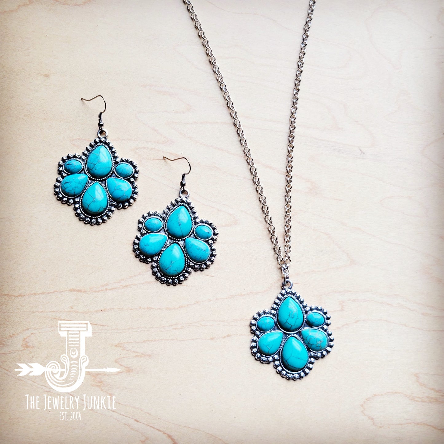 **Turquoise Western Flower Necklace & Earring Set 258tb