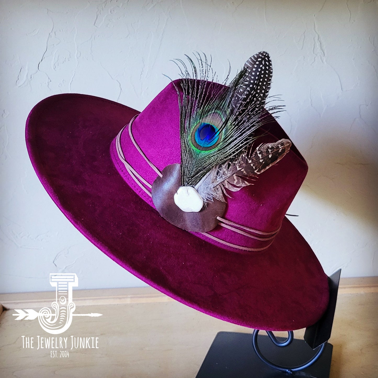 Boho Western hat with genuine leather hat band feathers and turquoise