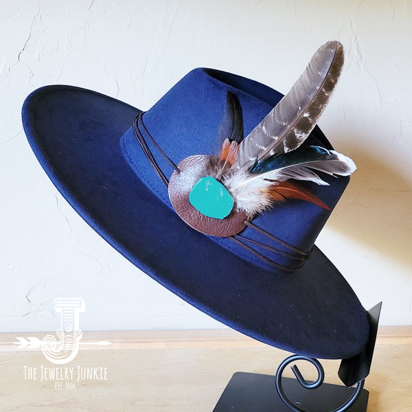 Boho Western hat with genuine leather hat band feathers and turquoise