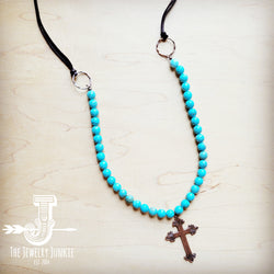 Frosted Magnesite Beaded Necklace w/ Copper Cross