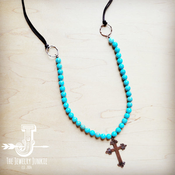 Frosted Magnesite Beaded Necklace w/ Copper Cross