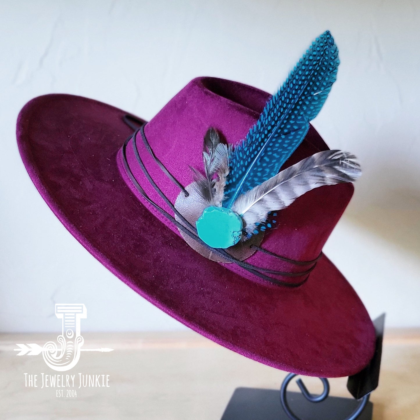 Boho Western hat with genuine leather hat band feathers and turquoise