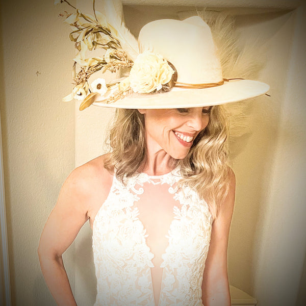 Boho Western Wedding Floral & Feather Bridal Hat in Brown 984m