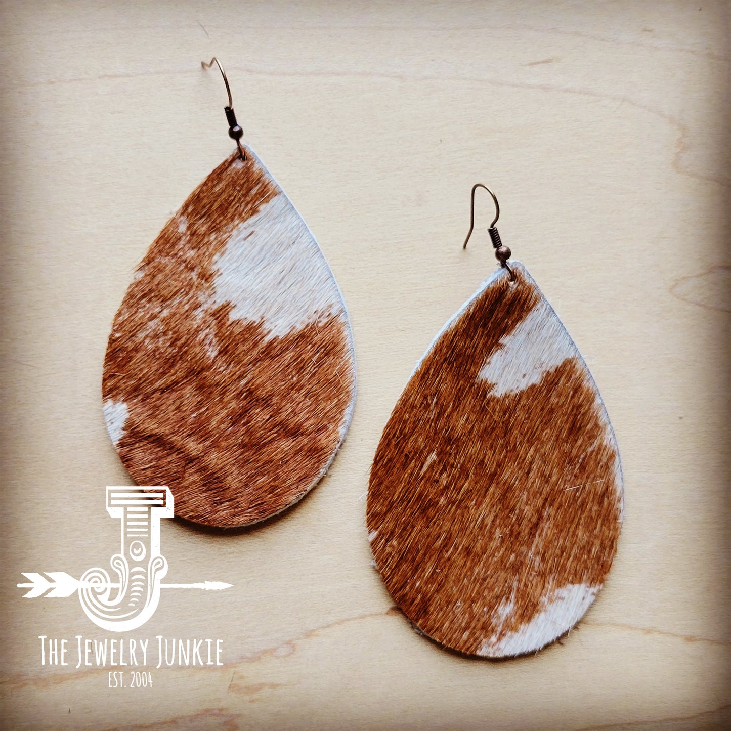 **Leather Teardrop Earrings-Axis Deer Print Hair-on-Hide 209q