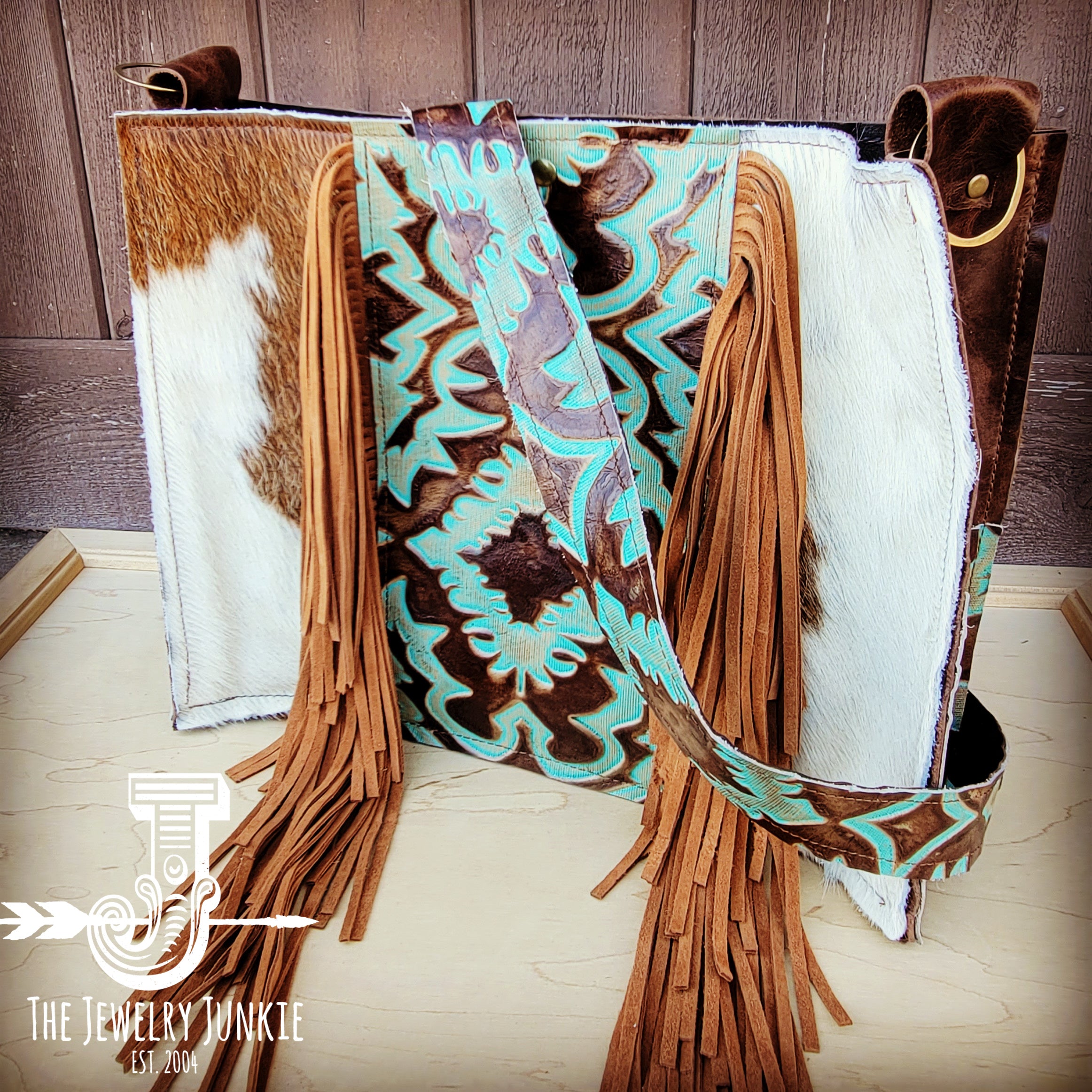 Hair Hide Box Bag w/ Turq Feather Accent Fringe
