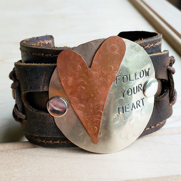 **FOLLOW YOUR HEART Distressed Leather Cuff 004E