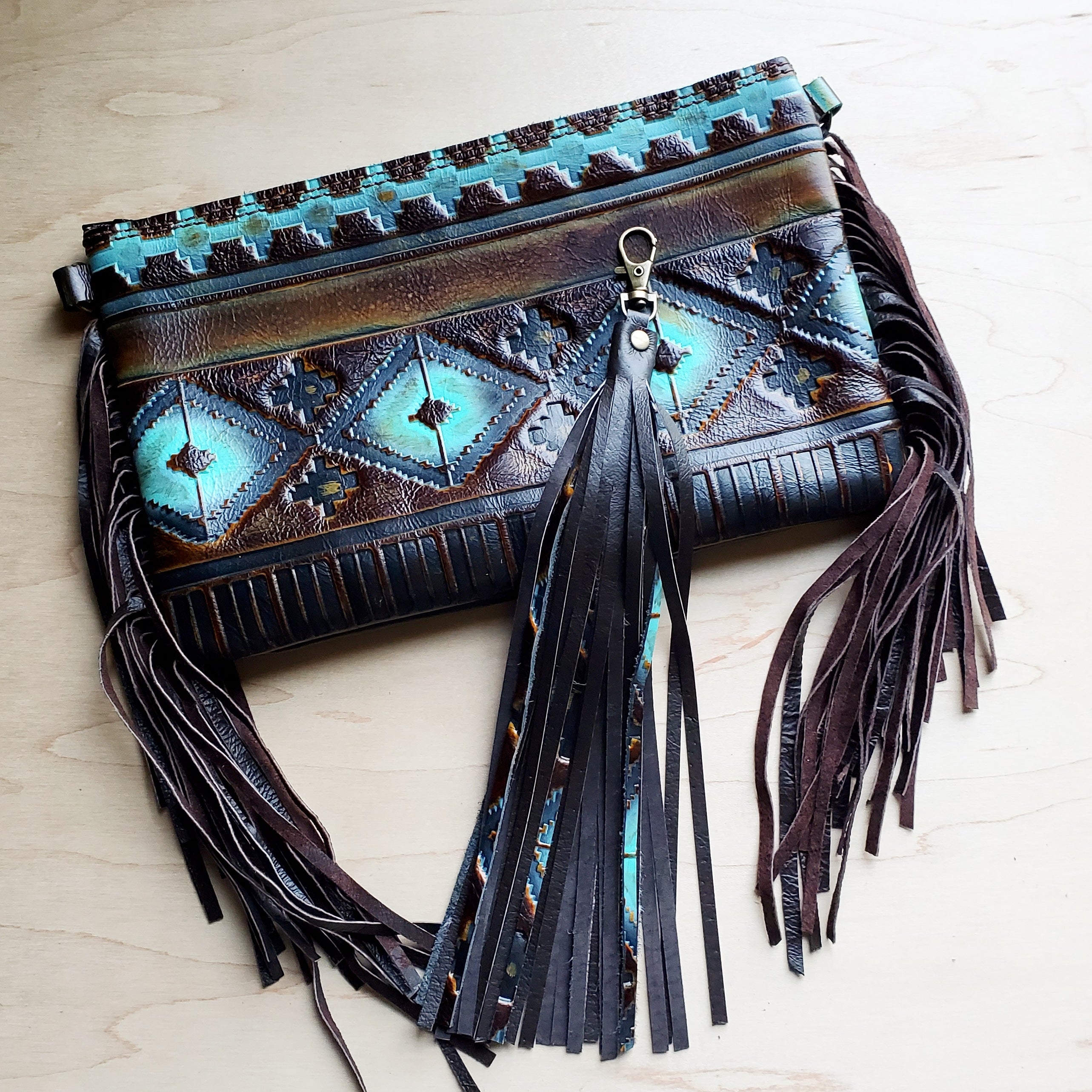 Turquoise Boho Fringe Leather Purse Bohemian Shoulder Bag 