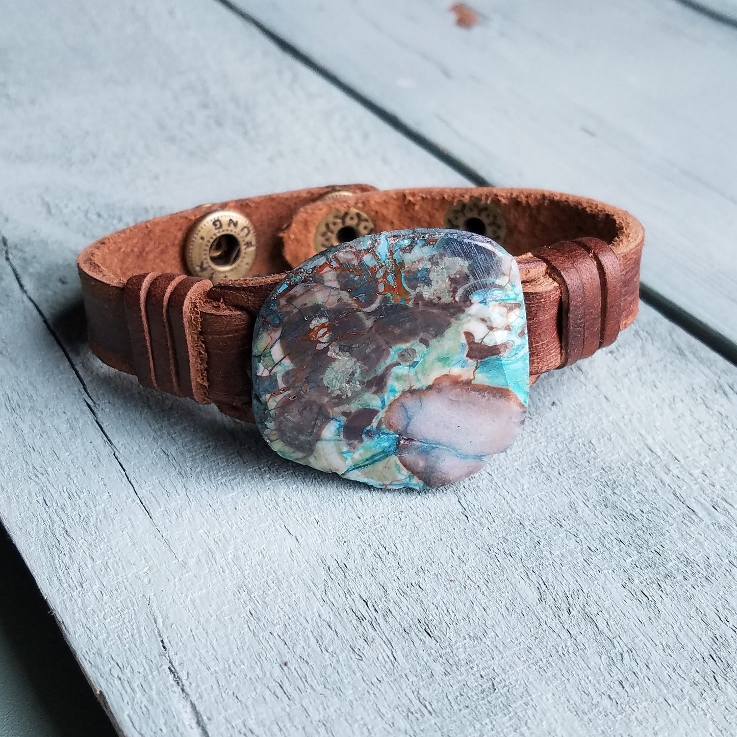 Ocean Agate Slab on Narrow Leather Cuff 005K - The Jewelry Junkie