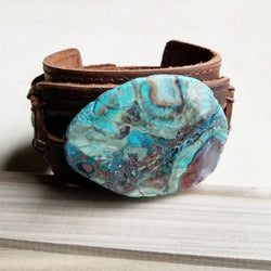 Ocean Agate on Dusty Leather Cuff 004C - The Jewelry Junkie