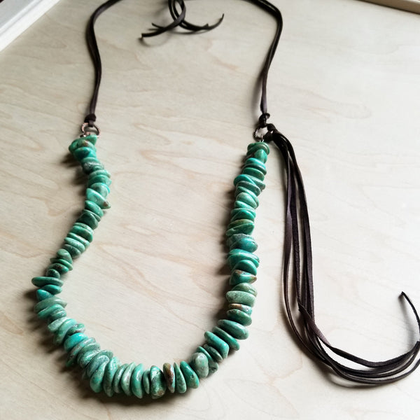 Natural Turquoise Necklace with Leather Tassel Side Tie 245c - The Jewelry Junkie