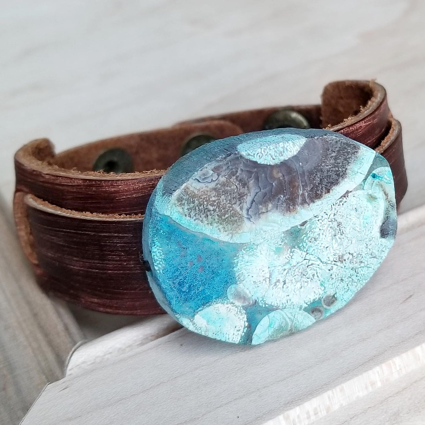 Ocean Agate Slab on Narrow Leather Cuff 005K - The Jewelry Junkie