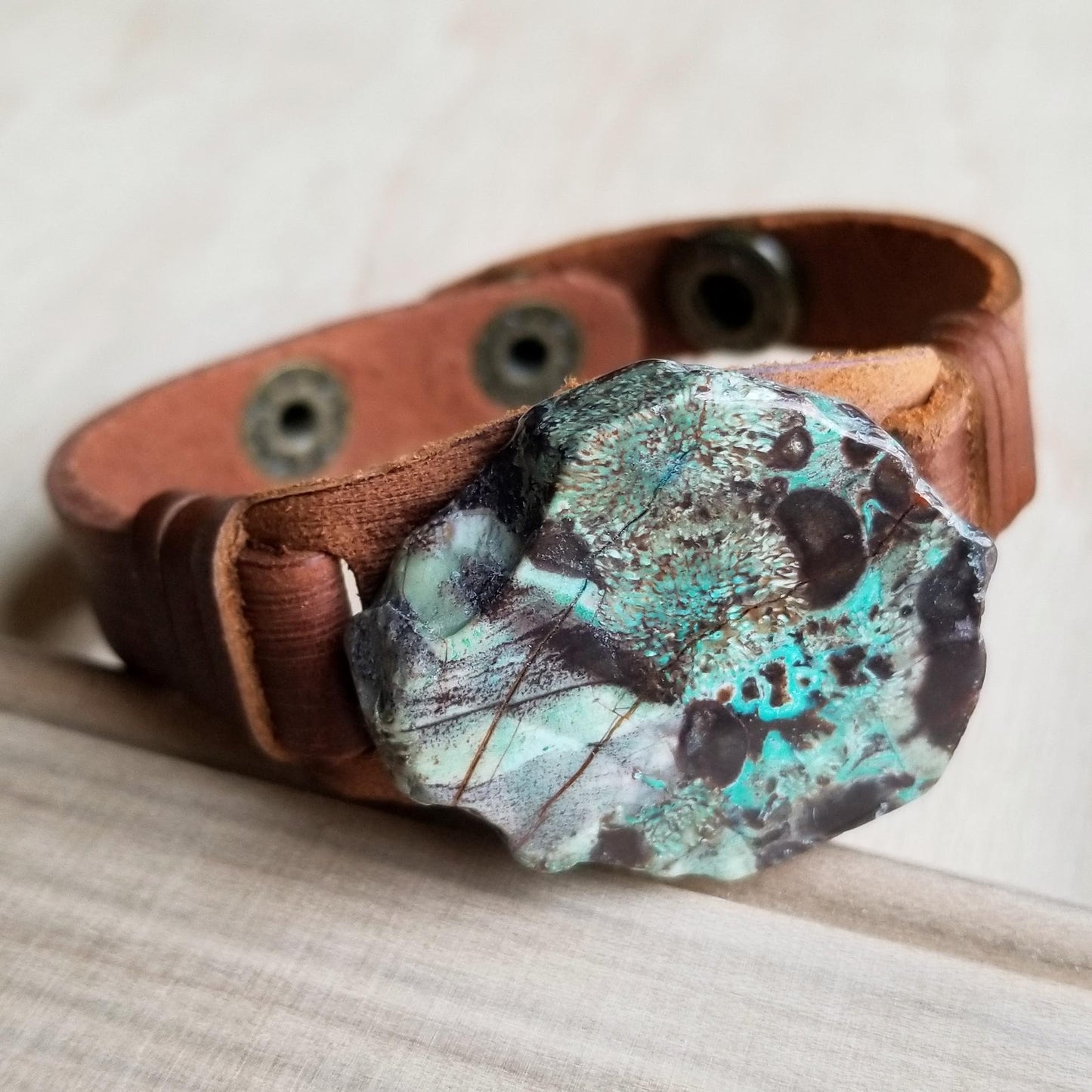 Ocean Agate Slab on Narrow Leather Cuff 005K - The Jewelry Junkie