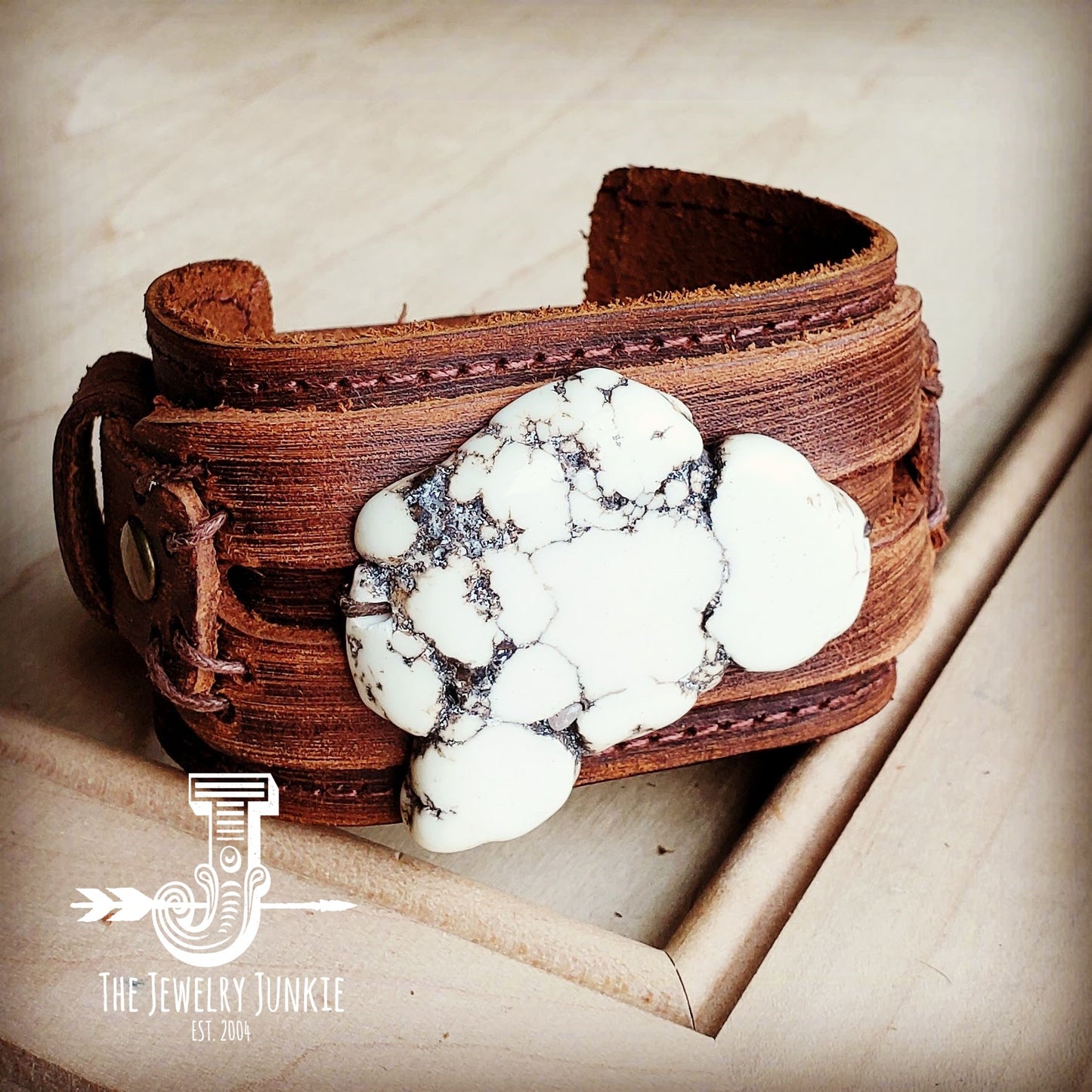 Chunky White Turquoise on Dusty Leather Cuff