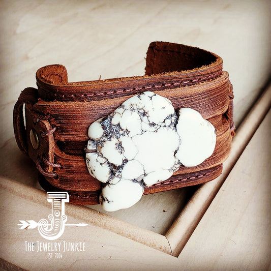 Chunky White Turquoise on Dusty Leather Cuff