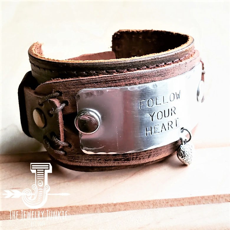 **FOLLOW YOUR HEART Distressed Leather Cuff 004E