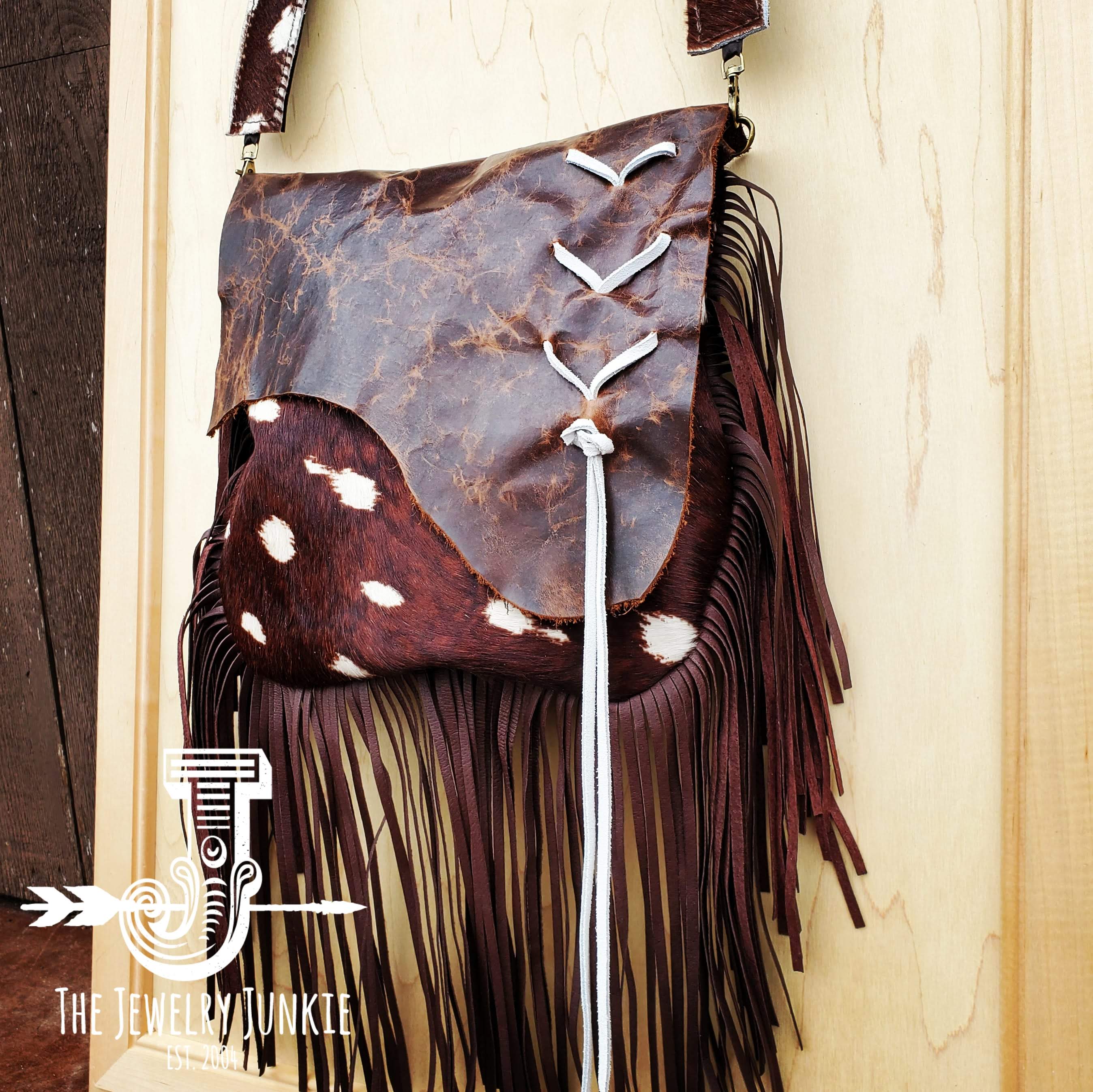 Double fringe 15x15 axis print cowhide purse