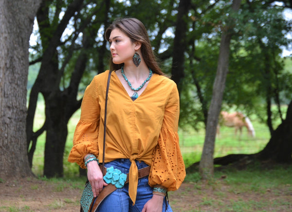 Leather Oval Earrings-Turquoise Brown Floral