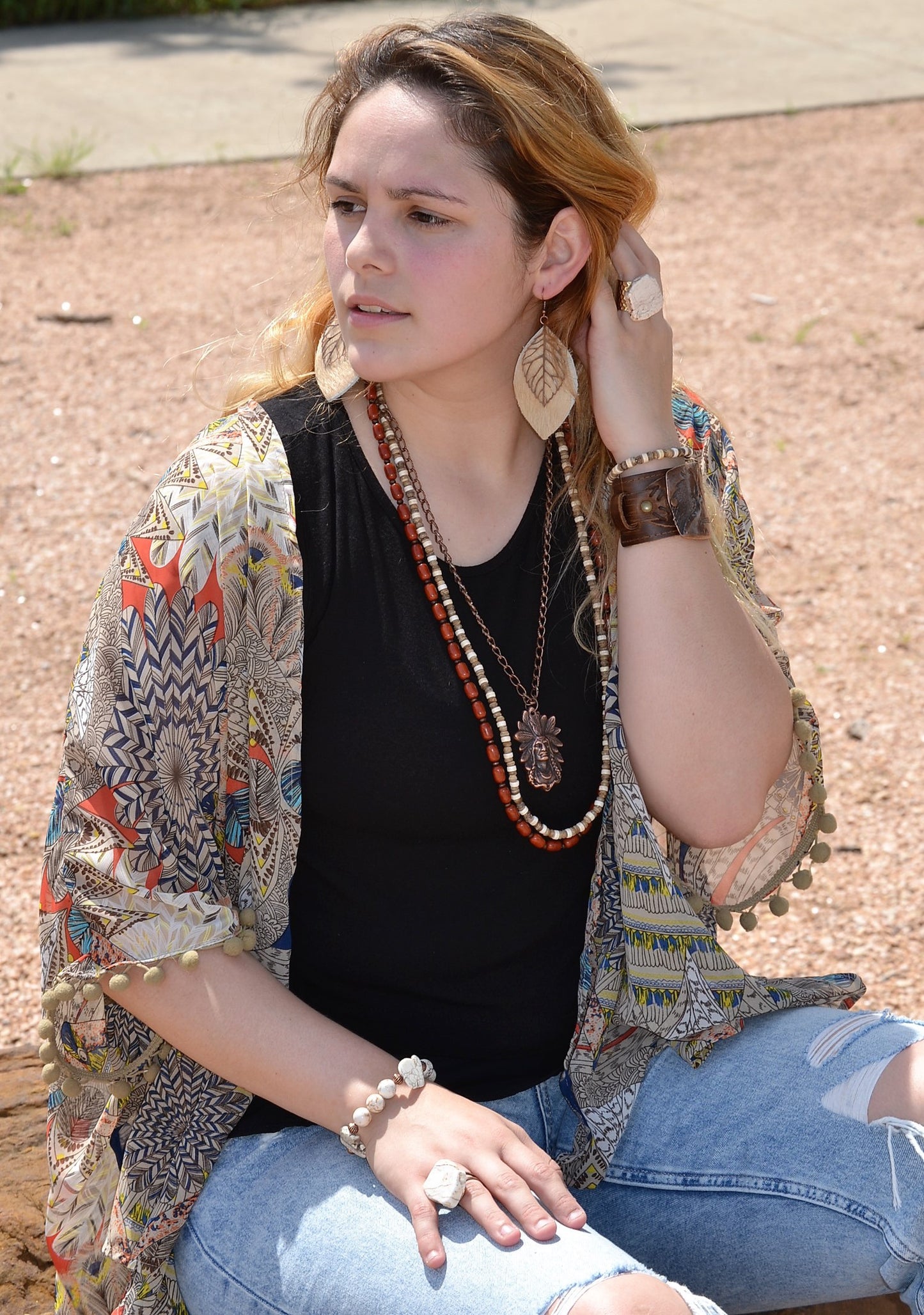 **Leather Oval Earrings in Blond Hair on Hide w/ Copper Feathers 223r