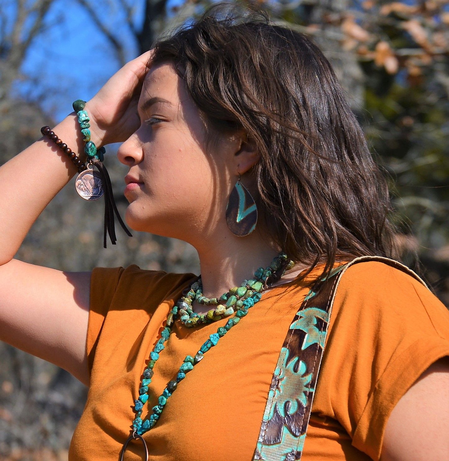 **Leather Teardrop Earrings-Brown and Turquoise Laredo 204d